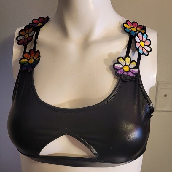 Body Rage rainbow flower faux leather cutout rave festival bra top pride S - Picture 9 of 9